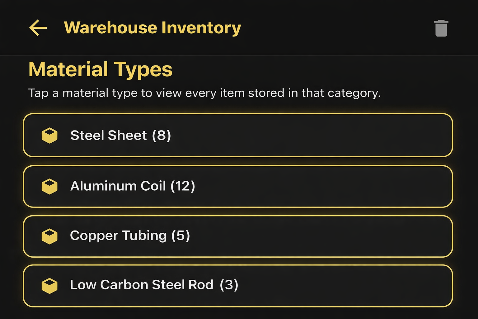 Warehouse inventory status screen